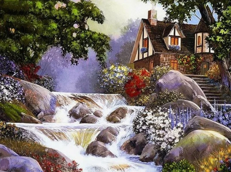 

Full circular 5D DIY Diamond Painting Stream house Landscape Diamond Embroidery Cross Stitch Diamond Rhinestone Home decoration