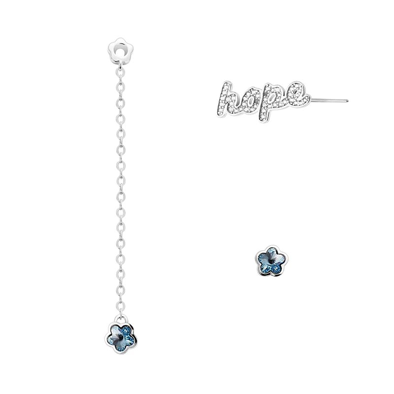 

LEKANI 2019 New Simple 925 Sterling Silver Asymmetric long Chain Blue Flower Crystals from Swarovski Stud Earring for Women Gift