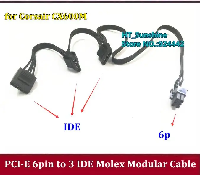 

High Quaity 40cm black PCI-E 6 Pin Male 1 to 3 IDE Molex 4pin Modular Power Supply Cable for Corsair CX600M PSU