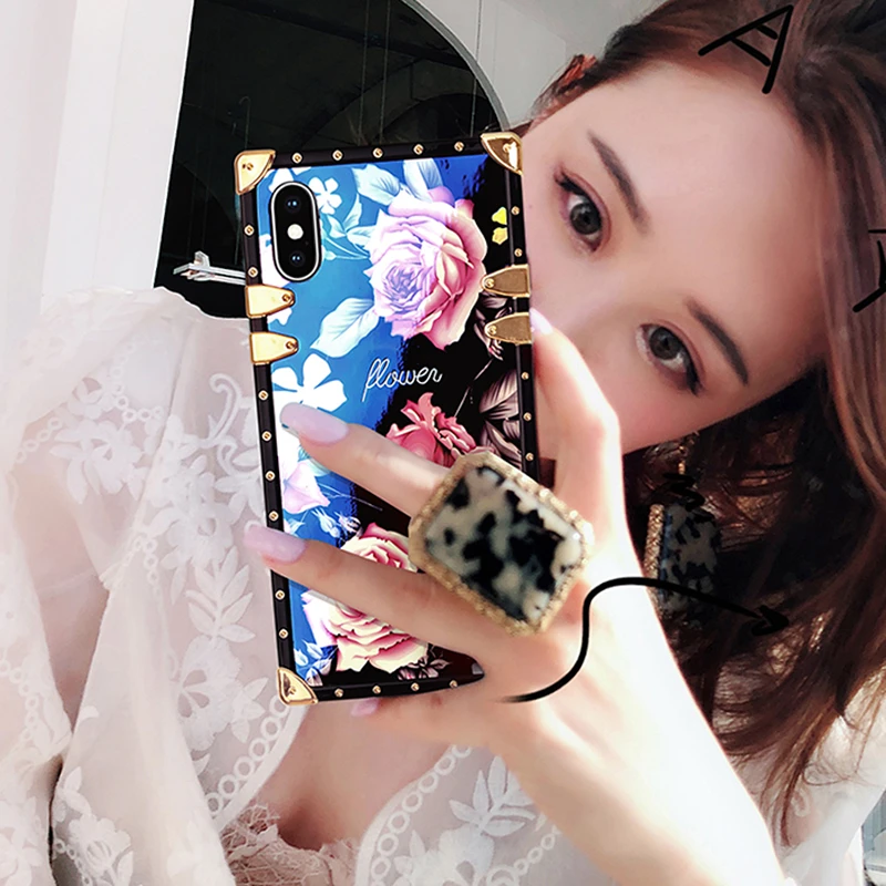 Luxury-Brand-European-Blu-ray-Flowers-Drop-Square-silicone-phone-case-for-iphone-7-8-6
