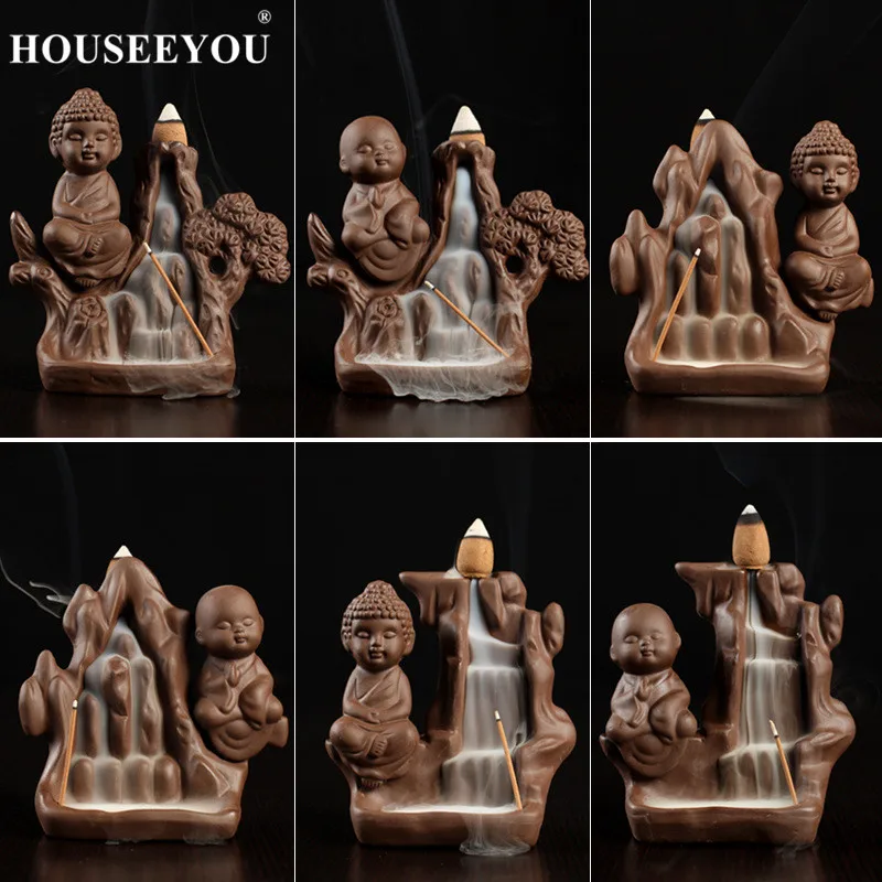 

HOUSEEYOU Buddha Incensory Monk Landscape Incense Burner Ceramic Purple Clay Censer Incense Cones Holder Backflow Incense Burner
