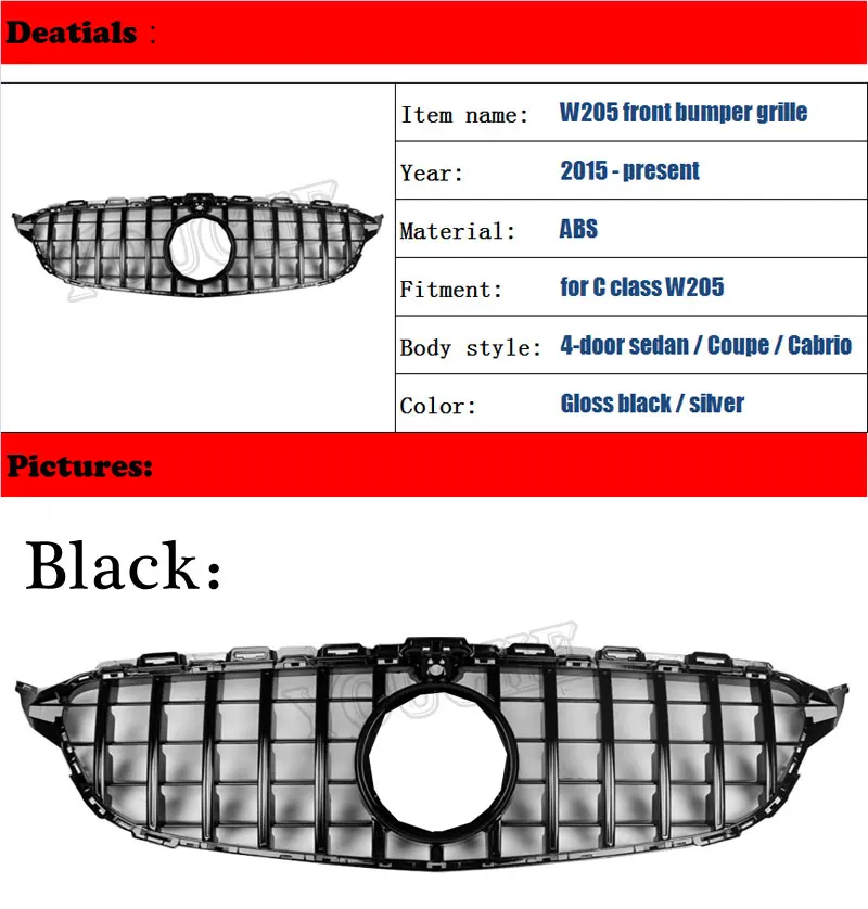Передняя решетка с камерой W205 GT R Стиль переднего бампера гриль для Mercedes C W205 Sport Edition C180 C200 C250 C300 C350 C400