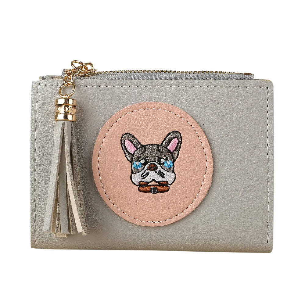 

Short Wallet Women Girls Simple Retro Leather Zipper Coin Purse Cartoon Dog Printed Card Holders Handbag Tassel Strap Clutch Bag