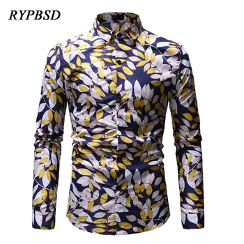 

2019 Spring Men Shirt Fashion Retro Floral Leaf Print Turn down Collar Casual Long Sleeve Dress Hawaiian Shirt Men Clothing