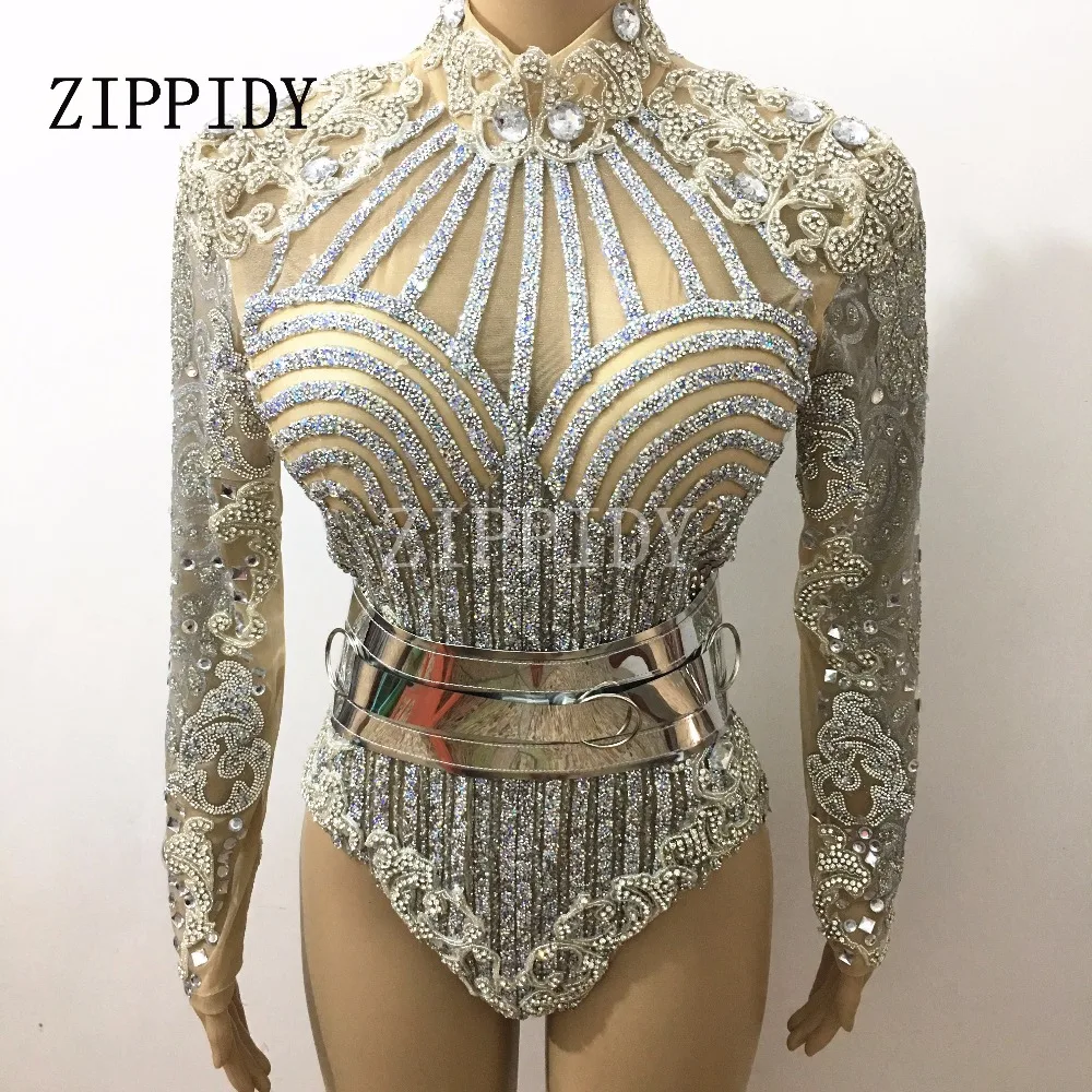 bodysuit women Silver Glisten Rhinestones Long Sleeves Leotard Belt Outfit Dj Singer Performance Bar Party Celebrate Luxurious Costume Bodysuit white bodysuit