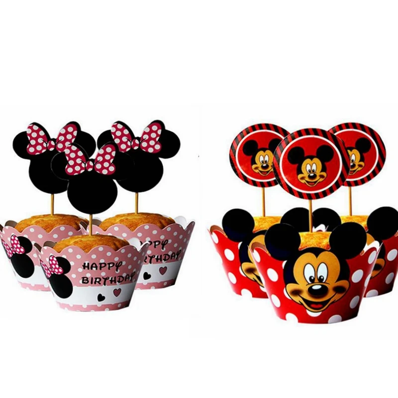 

24PCS Cartoon Minnie Mickey Mouse cupcake wrappers toppers pick kids birthday party wedding Decoration child cake flag supplies