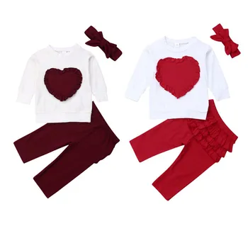

3Pcs Newborn Baby Girl Autumn Clothes Long Sleeve Love Heart Pattern Splice Cotton Tops Sweatshirt Long Pants Princess Outfits