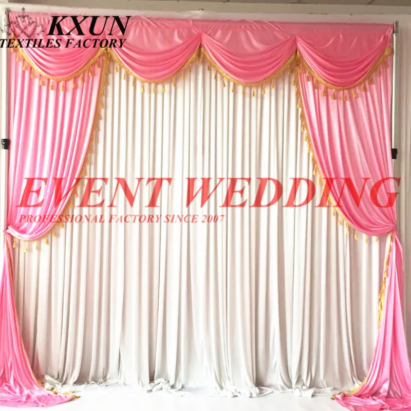 

White Ice Silk Backdrop Curtain With Pink Swag Drapery For Wedding Decoration