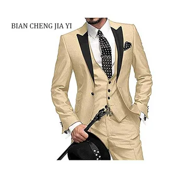 

Mens Slim Fit Beige 3 Piece Wedding Suit Peak Lapel Groomsman Formal Evening Tuxedo Single Breasted Prom Casual 2019 Blazer
