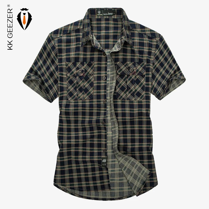 

Men Plaid Casual Shirts Military Style Cotton Short Sleeves High Quality Fashion Brand New Breathable Camouflage Dress Shirt