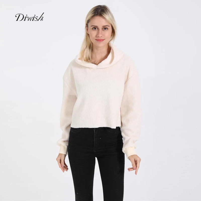 

Diwish Hoodie Women Pullover O Neck Fleece Solid Long Lantern Sleeve Loose Casual Autumn Winter Sweatshirt Female Top 2 Colors