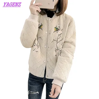 

Autumn Winter Women Short Down cotton jacket Women's Warm Velvet Parka Jackets Female Embroidery Floral Baseball Outerwear B924