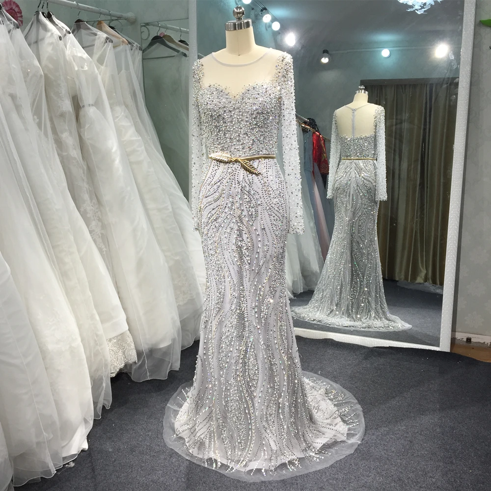 

Long Sleeve Luxury Beaded Evening Dresses with Belt Shinny Elegant Real Photo