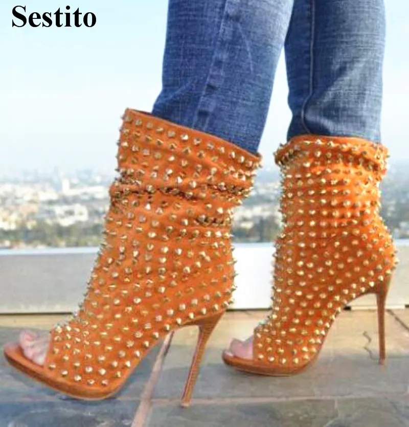 

2018 Fashion Solid Peep Toe Ankle Boots Spring/ Autumn High Heel Rivet Short Boots Super High Thin Heels Basic Slip-on Shoes