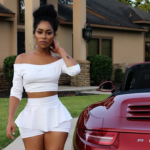 Cheap White 2 Piece Set Off Shoulder Bodycon Long Sleeve Dress Sexy Robe Two-Piece Short mini Dress Female Night Club Party Dress 2019