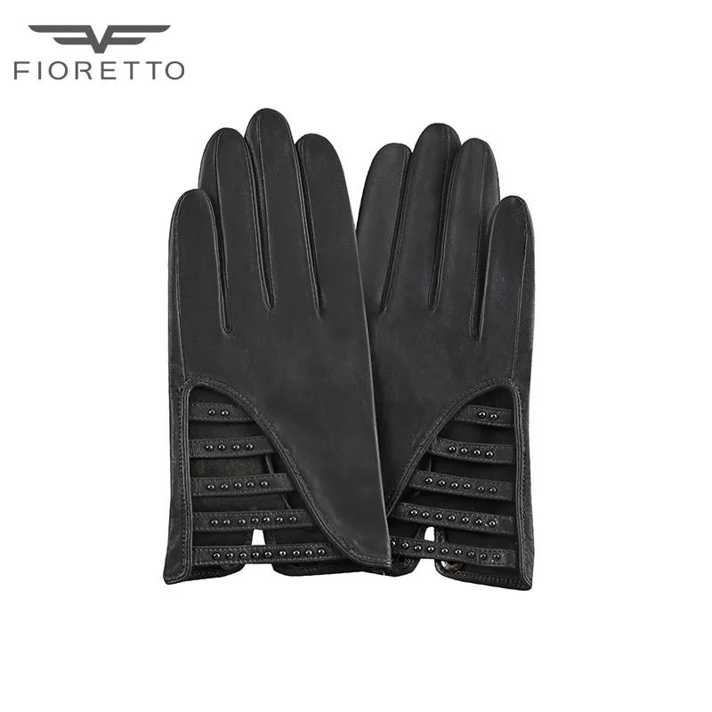 Fioretto, женские кожаные перчатки, новая мода, женские перчатки на ремешке с заклепками, панковские, серые, черные, кожаные перчатки, женские перчатки для вождения