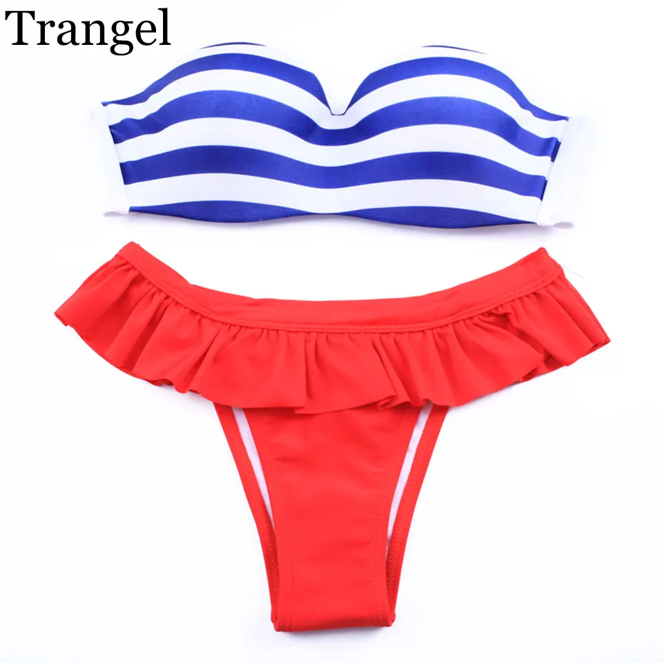 Trangel swimwear women Bikini Brazilian Striped Swimsuit Bikinis Push up For Women Fringe Ruffle