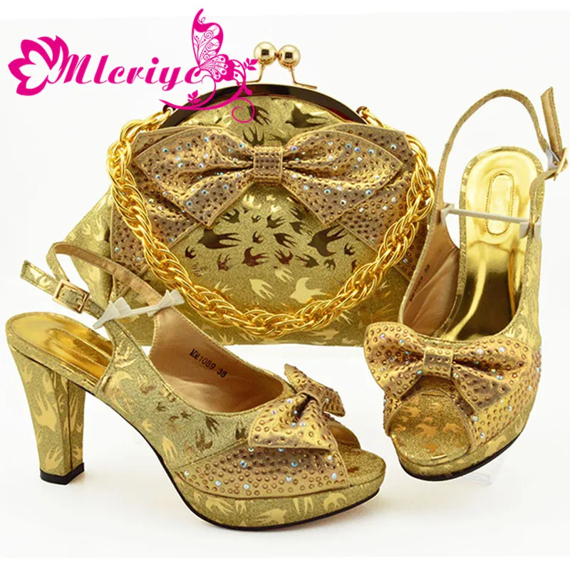 

2019 New Gold Crytal Pointed Toe Slipper And Bag Set For Party Fashion Aftican Ladies High Heels Shoes And Matching Bag Set