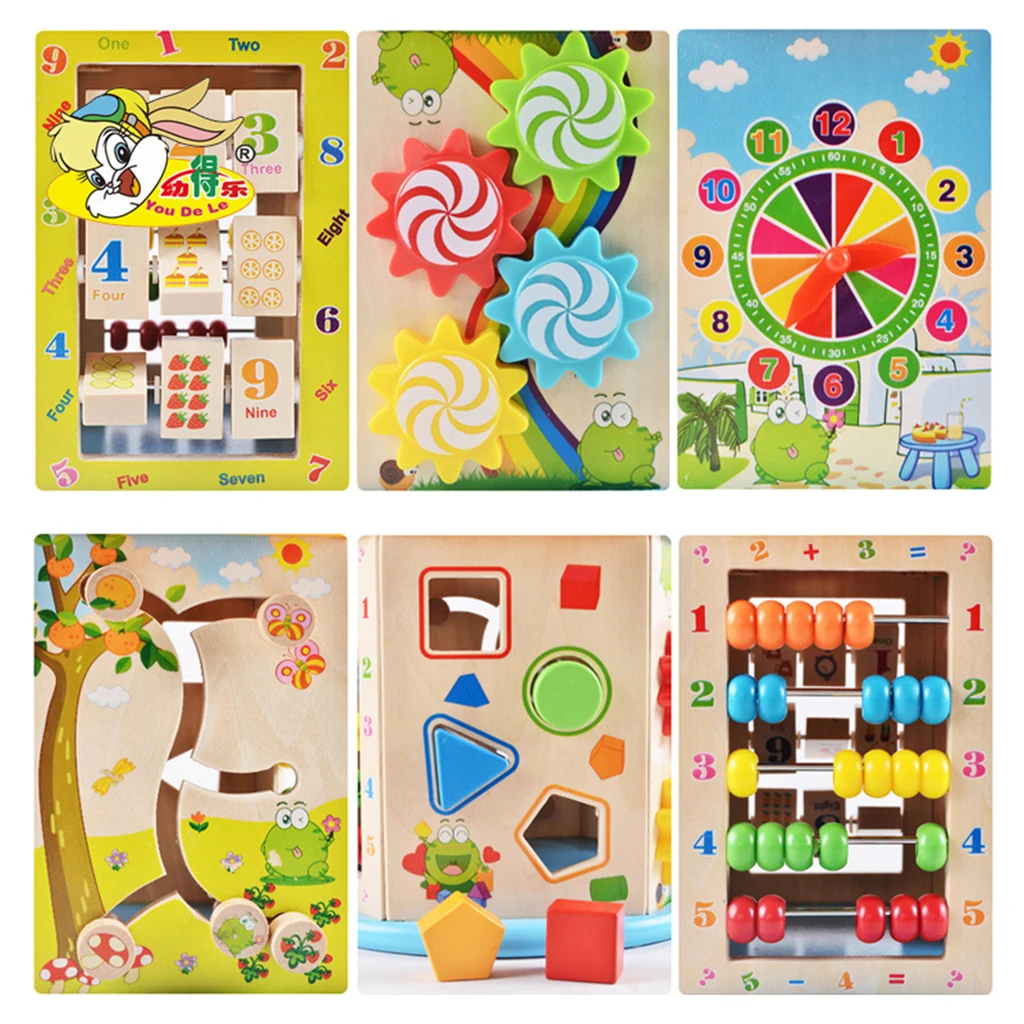 US $121.52 Wooden Bead Maze Roller Cube Toy Multifunction 8 in 1 Learning Educational Toy Shape Sorter Counting Beads Activity Toys