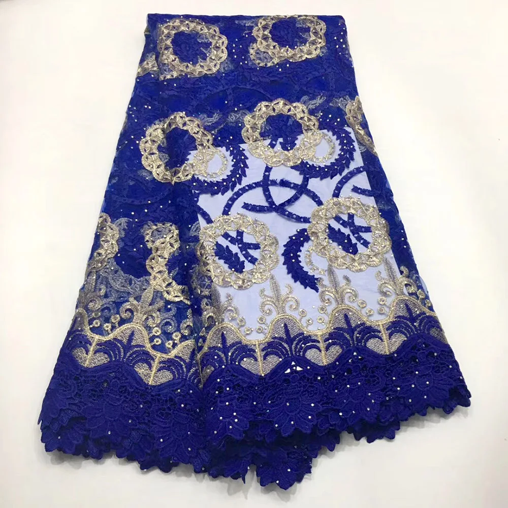 

New Design High Quality African Tulle Lace Fabric With Stones Royal blue Nigeria African French Lace Fabric For Wedding dress