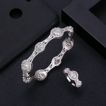 

jankelly Luxury bowknot Bangle Ring Sets Fashion Dubai Silver Bridal Jewelry Sets For Women Wedding brincos para as mulheres
