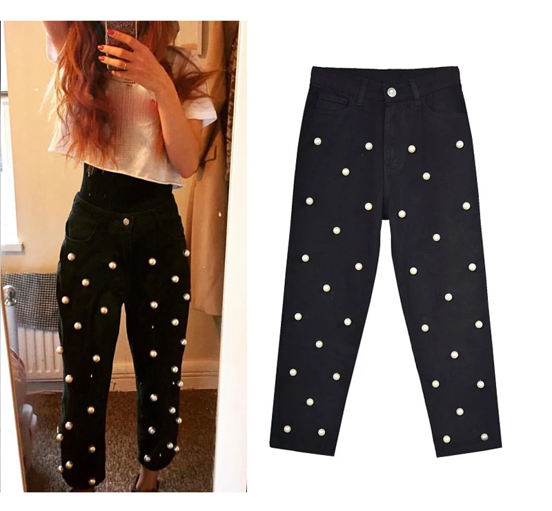 European and American women's high waist straight tube loose-fitting wide-leg jeans denim cuffed trousers studded with large pearl women's eighties (8)