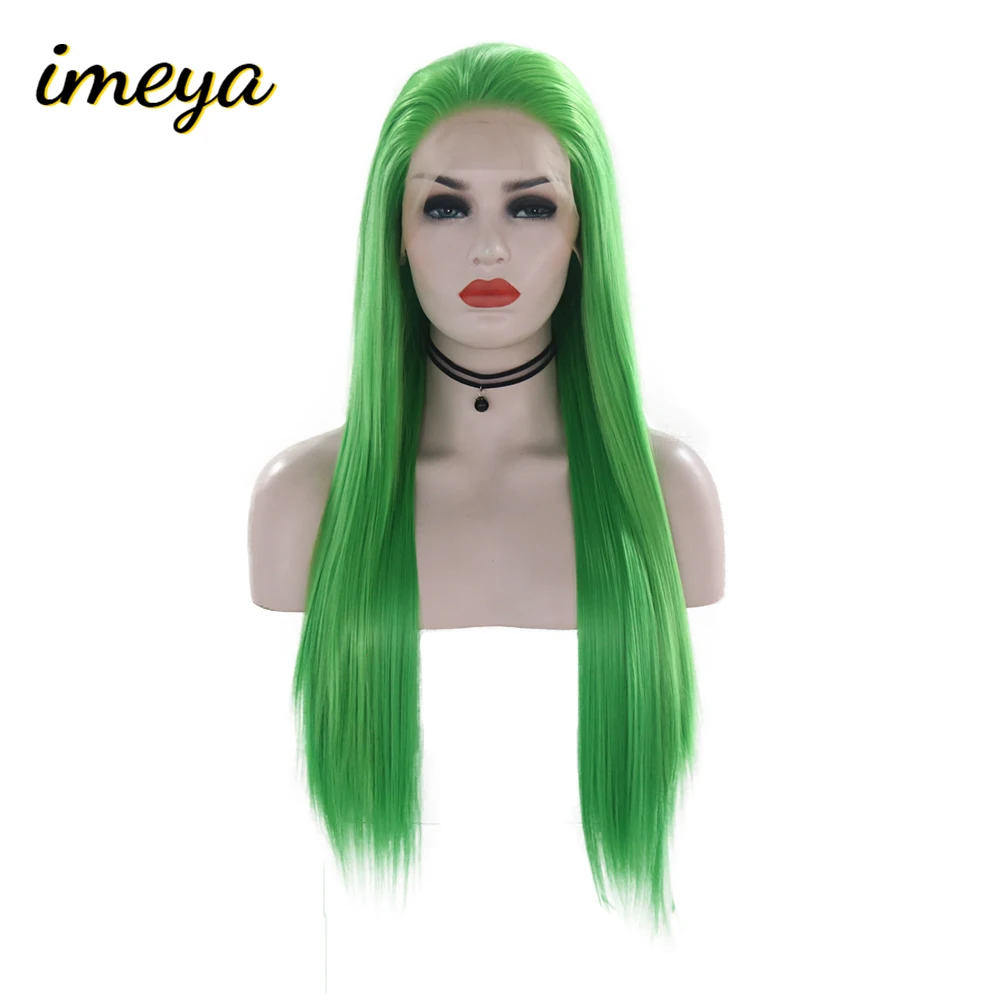 Imeya Long Silky Straight Lace Front Wigs Heat Resistant Half Hand Tied Synthetic Green Hair Cosplay Wigs For Women