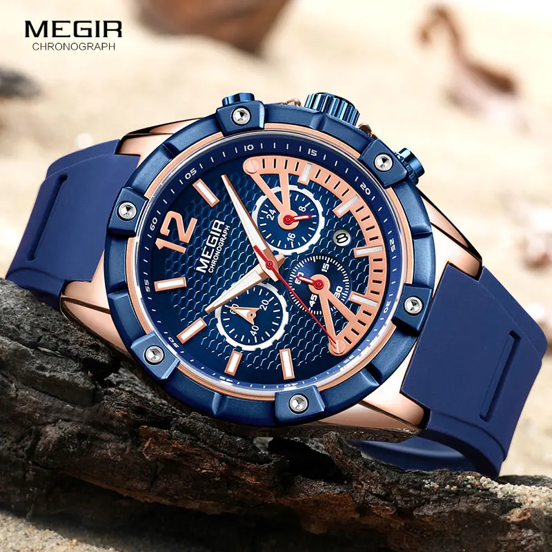 Billig MEGIR männer Sport Chronograph Quarz Handgelenk Uhren Armee Silikon Wasserdichte Stoppuhr Relojios Masculinos Mann ClockMN2083 2N0