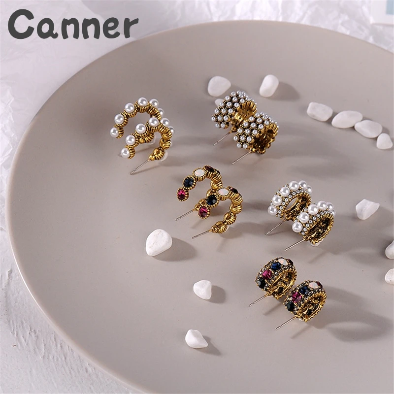 

Canner Vintage Enamel Small Hoop Earrings Semicircle Simulated Pearl Rhinestone Earrings Geometric C Shaped Earring Gifts A40