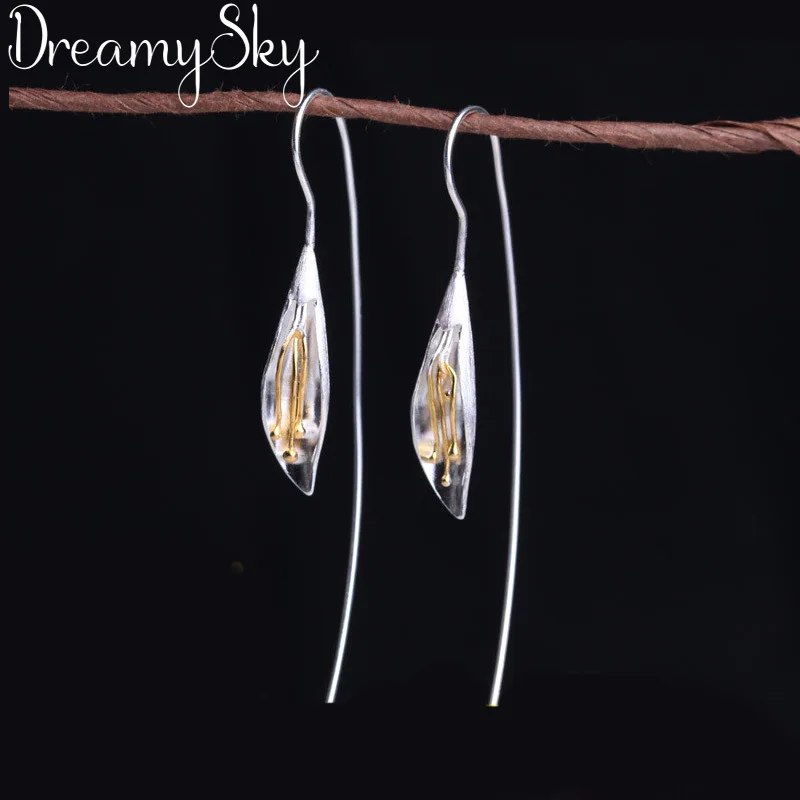 

DreamySky 100% Real 925 Sterling Silver Korean Jewelry Handmade Long Lotus Flower Earring For Women Statement Brincos Pendientes