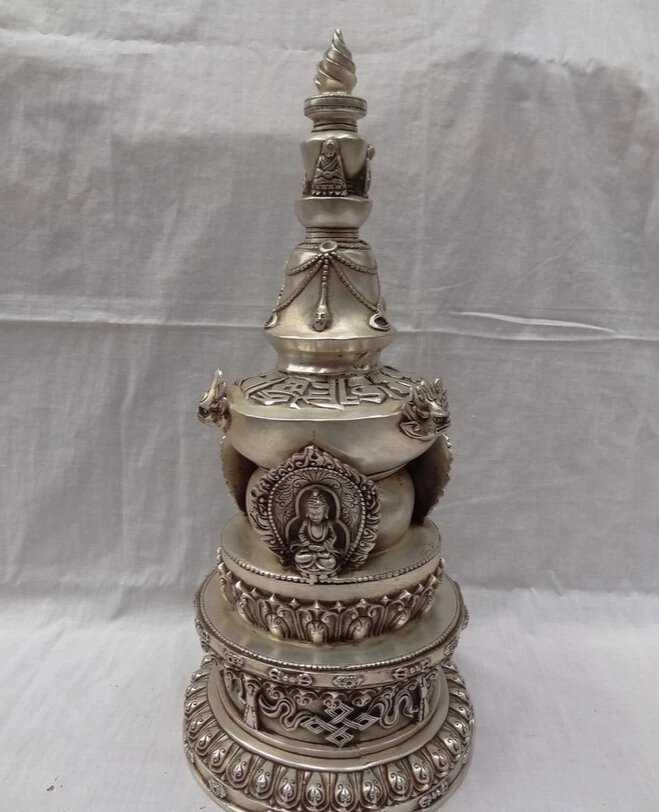 

song voge gem S4751 17" Tibet Buddhism Auspicious Symbol Silver Shakyamuni Buddha Statue Stupa Tope