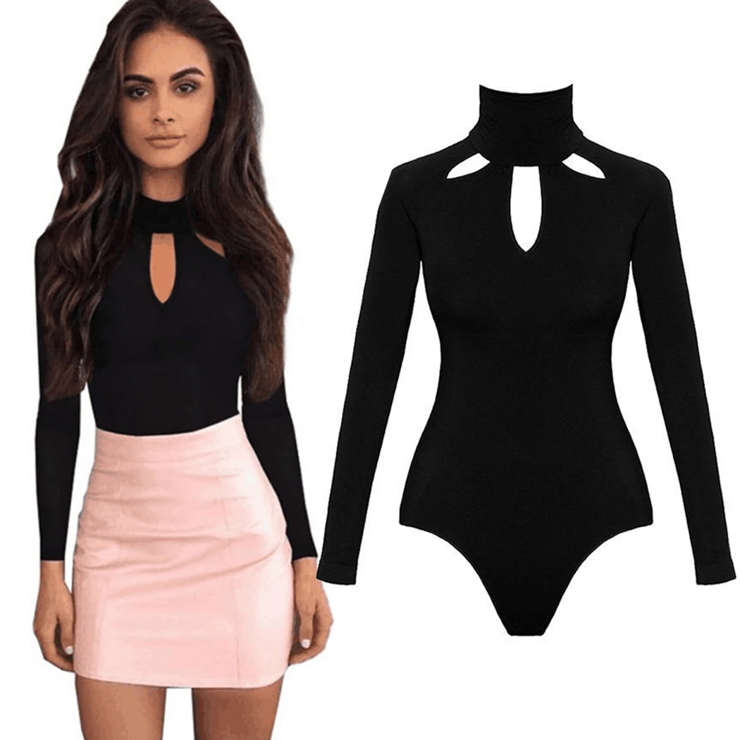 Sexy Halter Turtleneck Bodysuit Women Tops Choker Hollow Out Skinny Playsuit Black Romper Ladies Long Sleeve Body Suit Femme