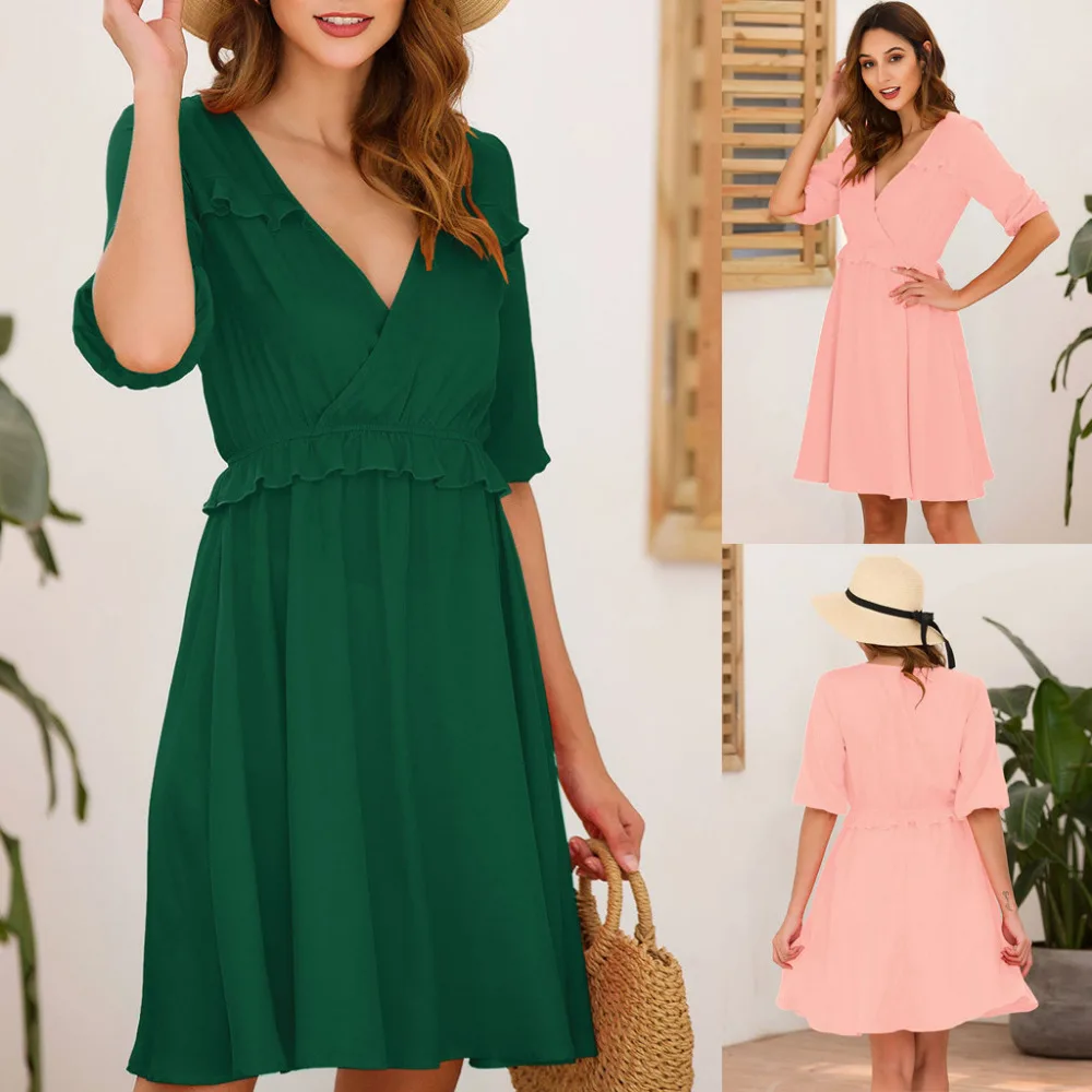 2019 summer sexy woman casual solid short-sleeved beach dress cotton pleated deep v-neck loose pretty beach dress long 40J3 (1)