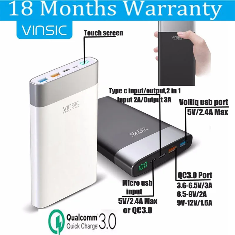 Vinsic 20000 мАч Внешний аккумулятор QC3.0 Быстрая зарядка внешний USB C для Macbook Xiaomi Mi8 Nexus