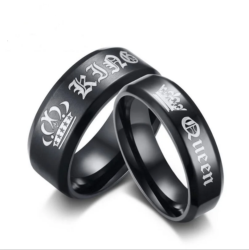 

Personalized engrave "Her King" and "His Queen" Black Stainless Steel Wedding Band Set Anniversary Engagement Promise Rings