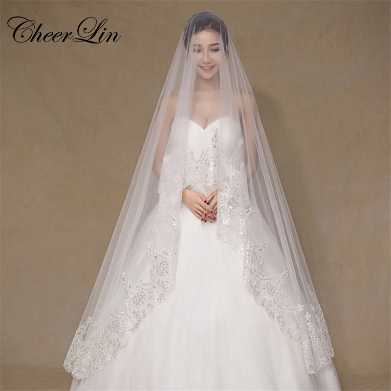 Wholesale 3 Meter Ivory Wedding Veils Long Beaded Lace Edge Bridal Veil (3)
