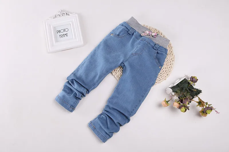 Джинсовые штаны с бантом для девочек Детские хлопковые джинсовые брюки леггинсы с эластичной резинкой на талии для девочек весна-осень