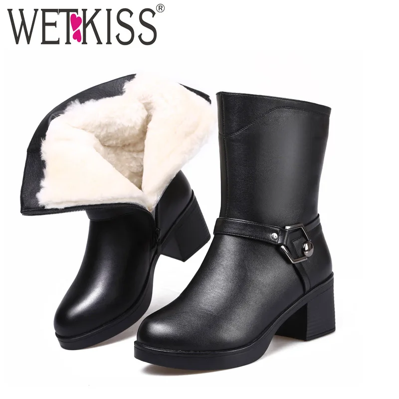 

WETKISS Winter High Heels Woman Ankle Boots Zip Round Toe Footwear Warm Cow Leather Female Snow Boot Platform Shoes Woman 2018