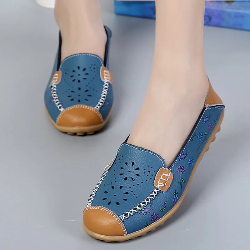 

plus size 35-44 print round toe flower loafers women shoes genuine leather ladies shoes latex Summer shoes flats sapatilha
