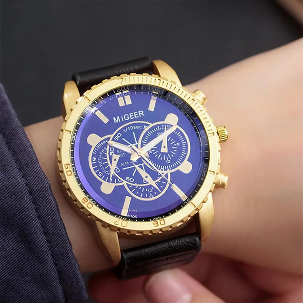 

High-End New Geneva Men's Leather Strap Stainless Steel Quartz Analog Watch big dail 12 hour clock business watches black