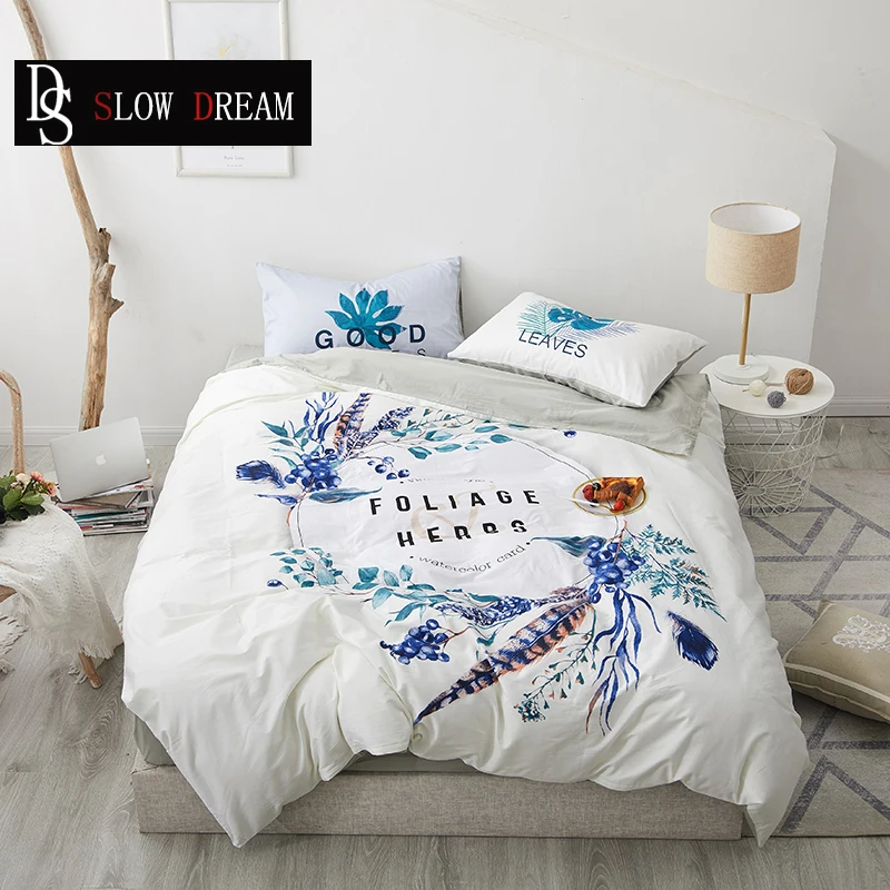 

SLOWDREAM Foliage Herbs Bedding Set Bedspread Soft Double White Cover Set Flat Sheet Decor Home Textiles Bedclothes Bed Linens