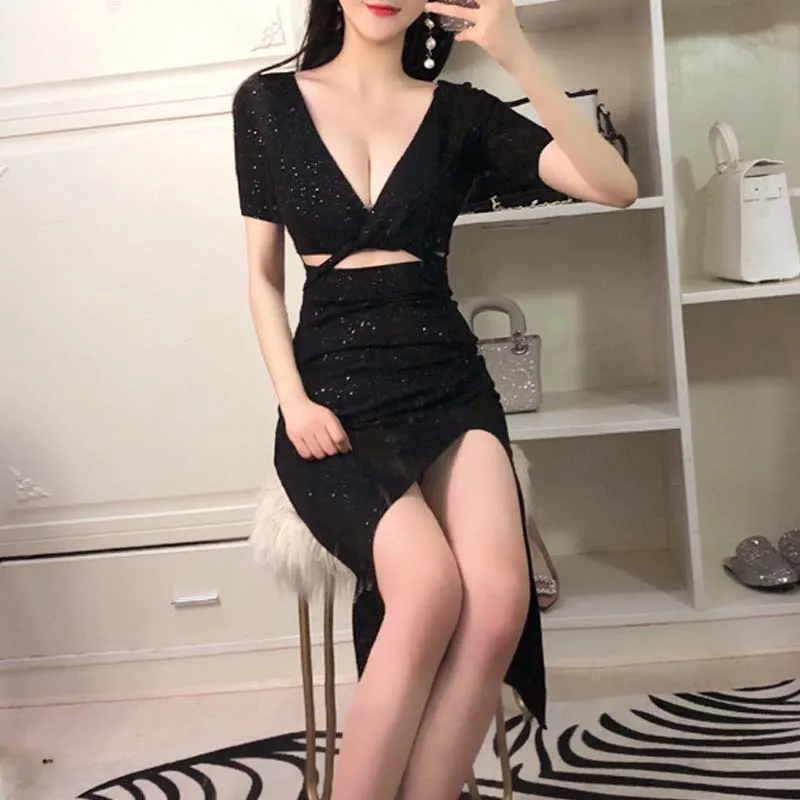 С низким вырезом женское платье с длинным рукавом Bling повязки Клубные вечерние