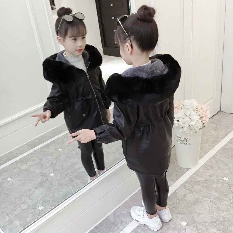 

kids children girl fashion leather jacket winter clothes long thicken 2018 new parka with luxury fur collar faux fur coat 4-9y