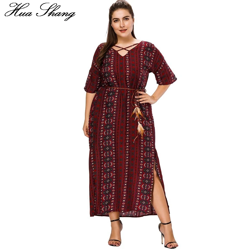 

Plus Size Summer Long Boho Dress For Women Side Split V-neck Waist Belt Half Sleeve Ankle-length Casual Striped Vintage Dresses