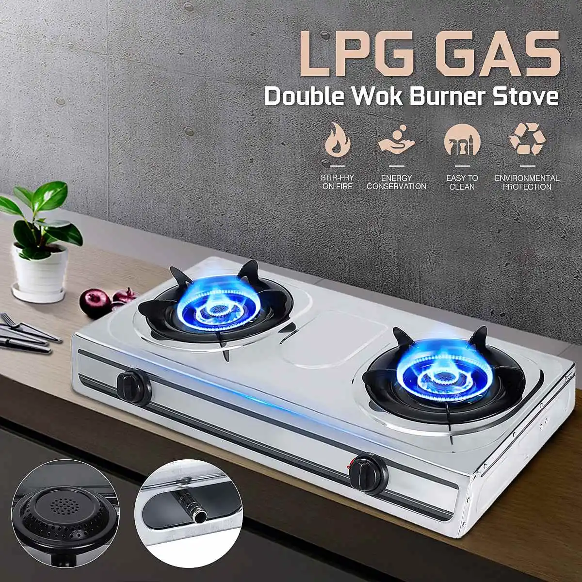 3 8 4kw 2 Pots Gas Stove Dual Range Stainless Steel Liquefied Lpg