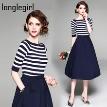 Spring Autumn Women Two Piece Suit Set Female Dress Striped Slash Neck Half Sleeve Sweater Office Lady Top+Black Skirt S-XXXL Spring Autumn Women Two Piece Suit Set Female Dress Striped Slash Neck Half Sleeve Sweater Office Lady Top+Black Skirt S-XXXL