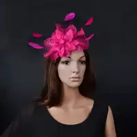 New Arrival.fuchsia hot pink wavy sinamay Fascinator hat with feather for kentucky derby wedding church races party