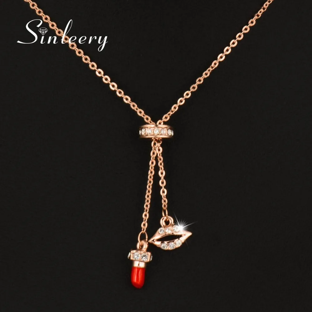 SINLEERY Sexy Crystal Lips & Red Lipstick Double Line Pendants Necklace Rose Gold Color Women