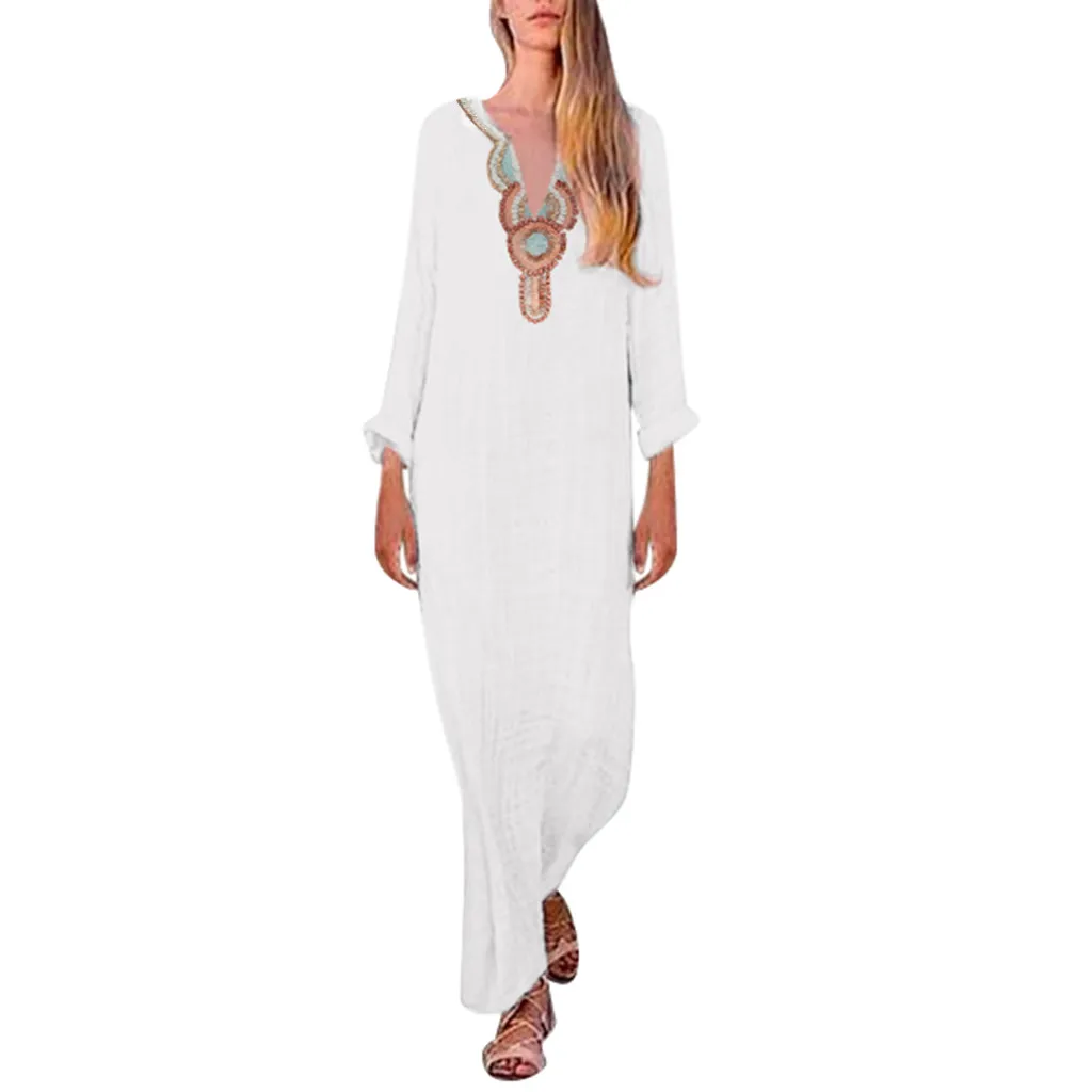 

CHAMSGEND dress summer women women summer dress 2019 Printed Long Sleeve V-neck Split Hem Baggy Kaftan Long Dresses G0409#10