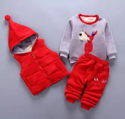 

0-4 Years Children's Clothing Sets Baby Girl Boy Clothes Suit For Toddler Autumn Warm Hooded 3PCS Vest + Long Sleeves + pants